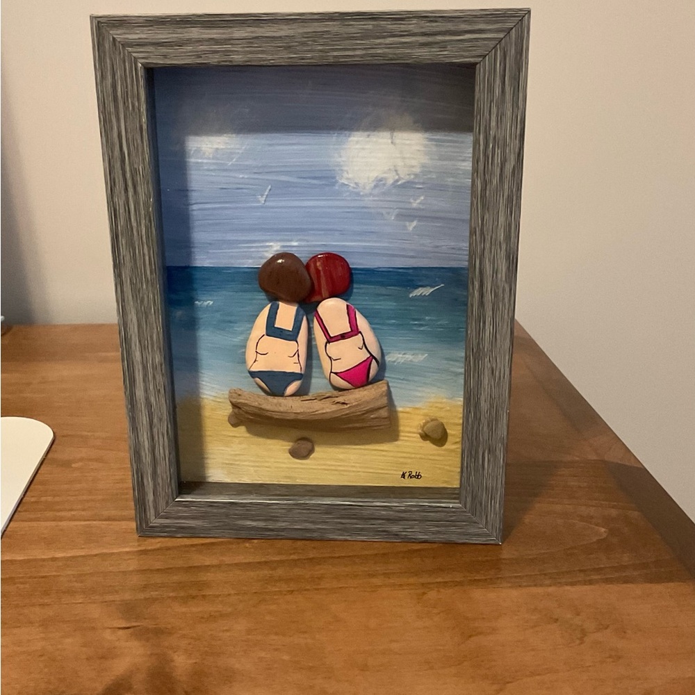 Pebble art “Beachside Bond” in 5 x 7 grey shadow box. Handcrafted